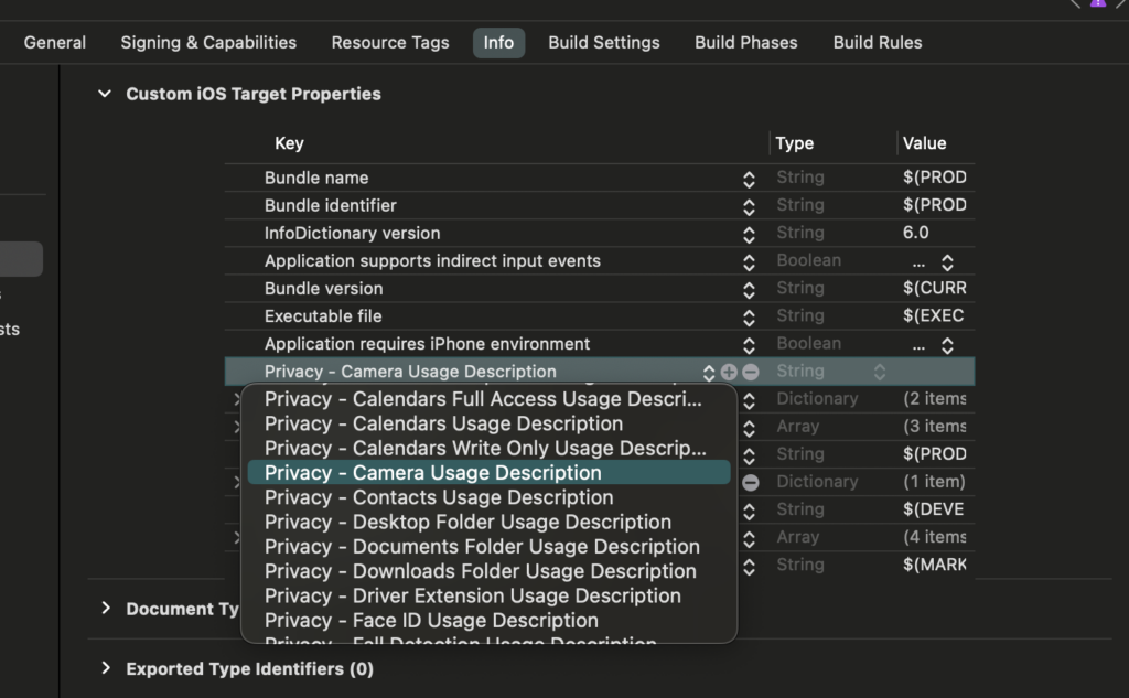 Add NSCameraUsageDescription